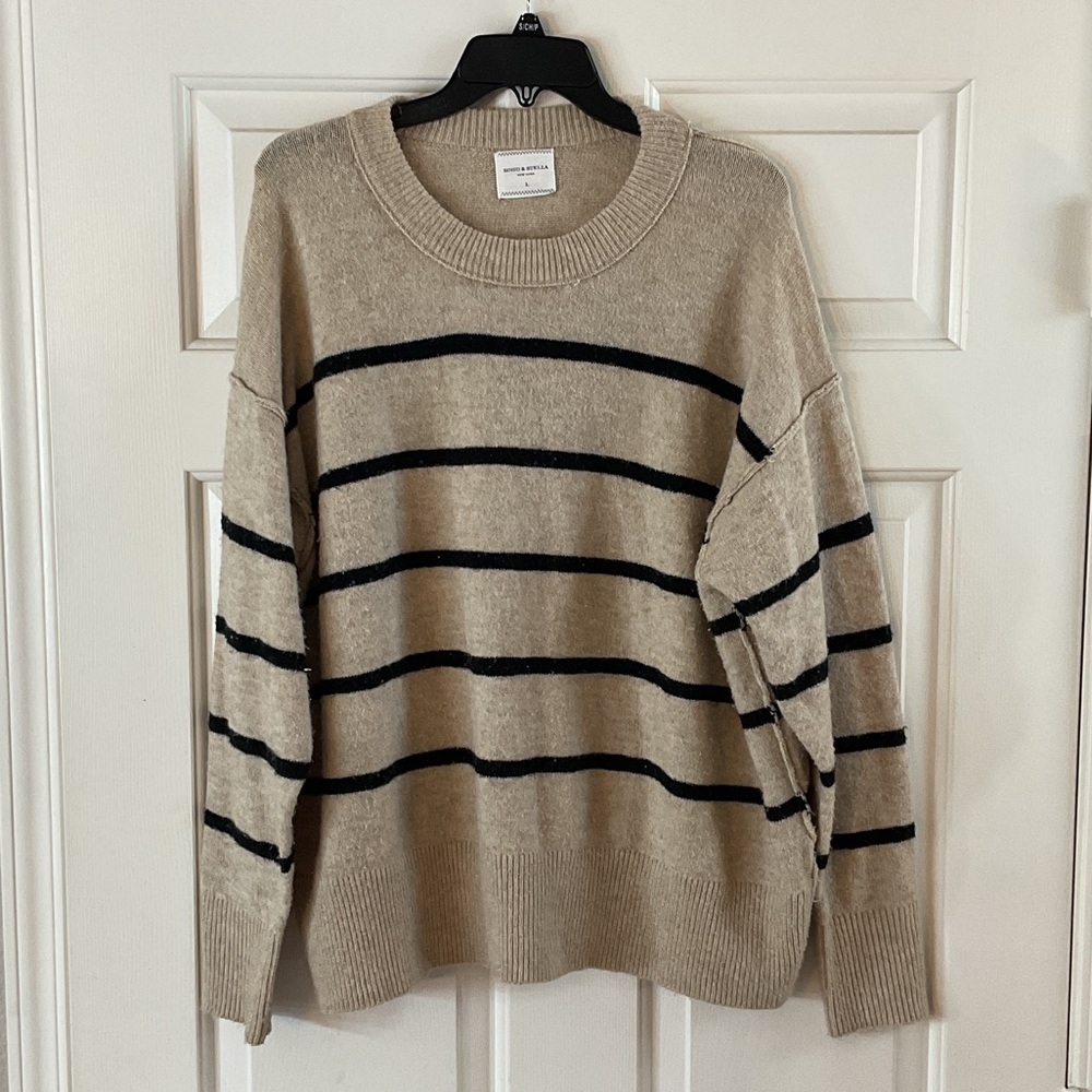 T.J.Maxx Beige and Black Striped Crew Neck Knit Sweater
